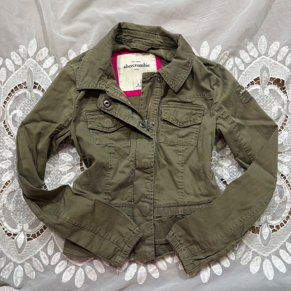 Abercrombie Y2K Grunge Olive Green Utility Field Jacket Ruffle Hem Women XXS